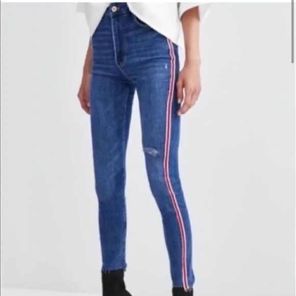 Zara Trafaluc High Waisted Skinny Jean With Red Stripe Women Size 02 - Picture 1 of 13